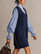 Navy Cable Knit V-Neck Faux Two Piece Striped Balloon Sleeves Mini Dress