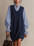 Navy Cable Knit V-Neck Faux Two Piece Striped Balloon Sleeves Mini Dress