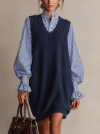 Navy Cable Knit V-Neck Faux Two Piece Striped Balloon Sleeves Mini Dress
