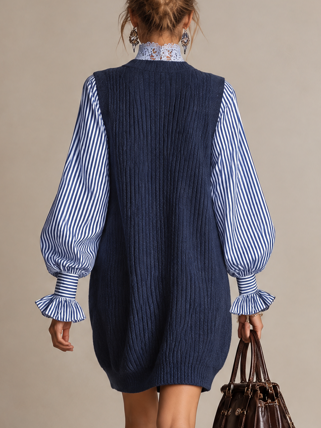 Navy Cable Knit V-Neck Faux Two Piece Striped Balloon Sleeves Mini Dress