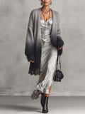Grey to Black Ombre Fuzzy Mohair Cardigan with Lace Trim Hem