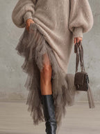 Taupe Sequin Mohair Knit Midi Dress with Sheer Tulle Tiered Ruffle Skirt