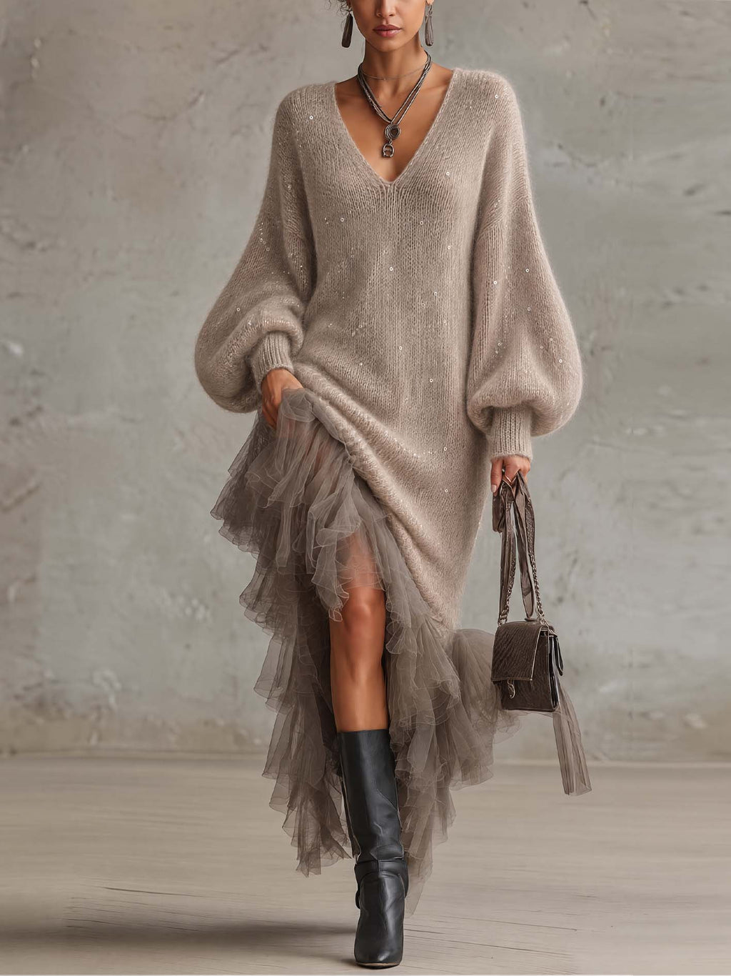 Taupe Sequin Mohair Knit Midi Dress with Sheer Tulle Tiered Ruffle Skirt