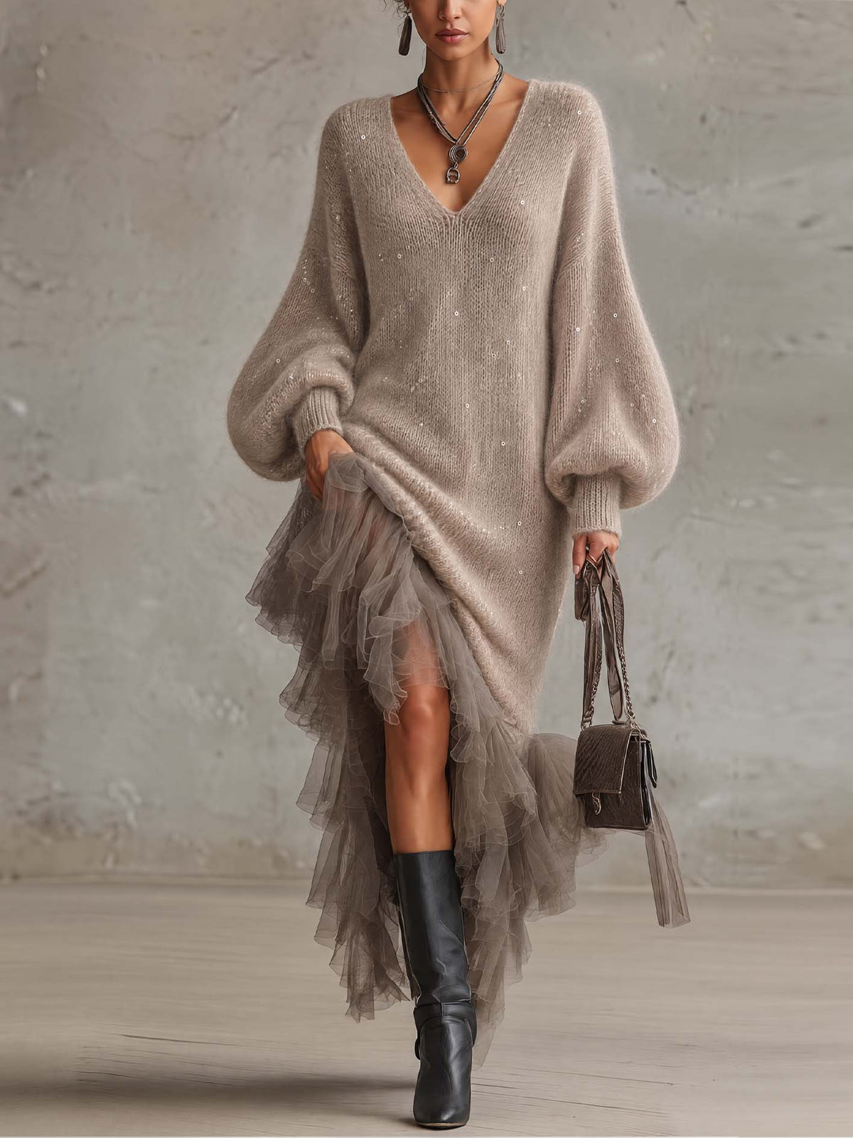 Taupe Sequin Mohair Knit Midi Dress with Sheer Tulle Tiered Ruffle Skirt
