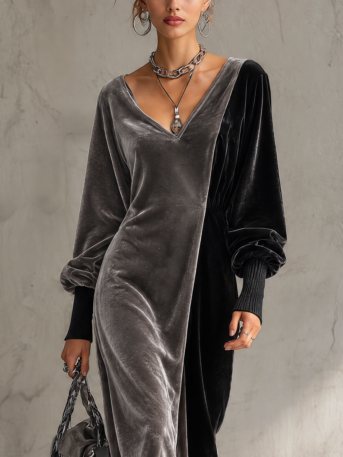 Grey and Black Colour-block Velvet V-Neck Maxi Dress
