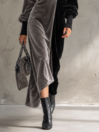 Grey and Black Colour-block Velvet V-Neck Maxi Dress