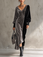 Grey and Black Colour-block Velvet V-Neck Maxi Dress
