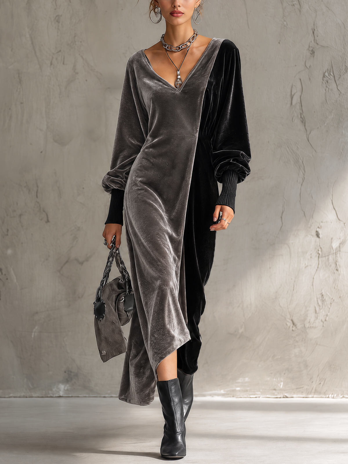Grey and Black Colour-block Velvet V-Neck Maxi Dress
