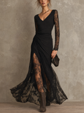 Black V-Neck Lace Long Sleeve Split Maxi Dress