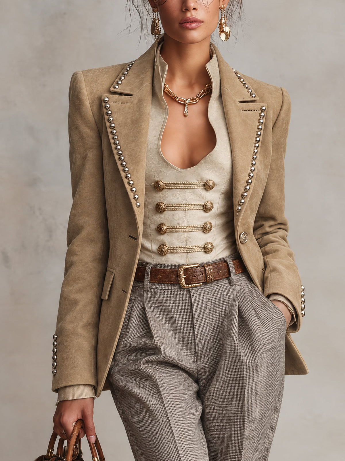 Khaki Faux Suede Studded Nipped Waist Blazer