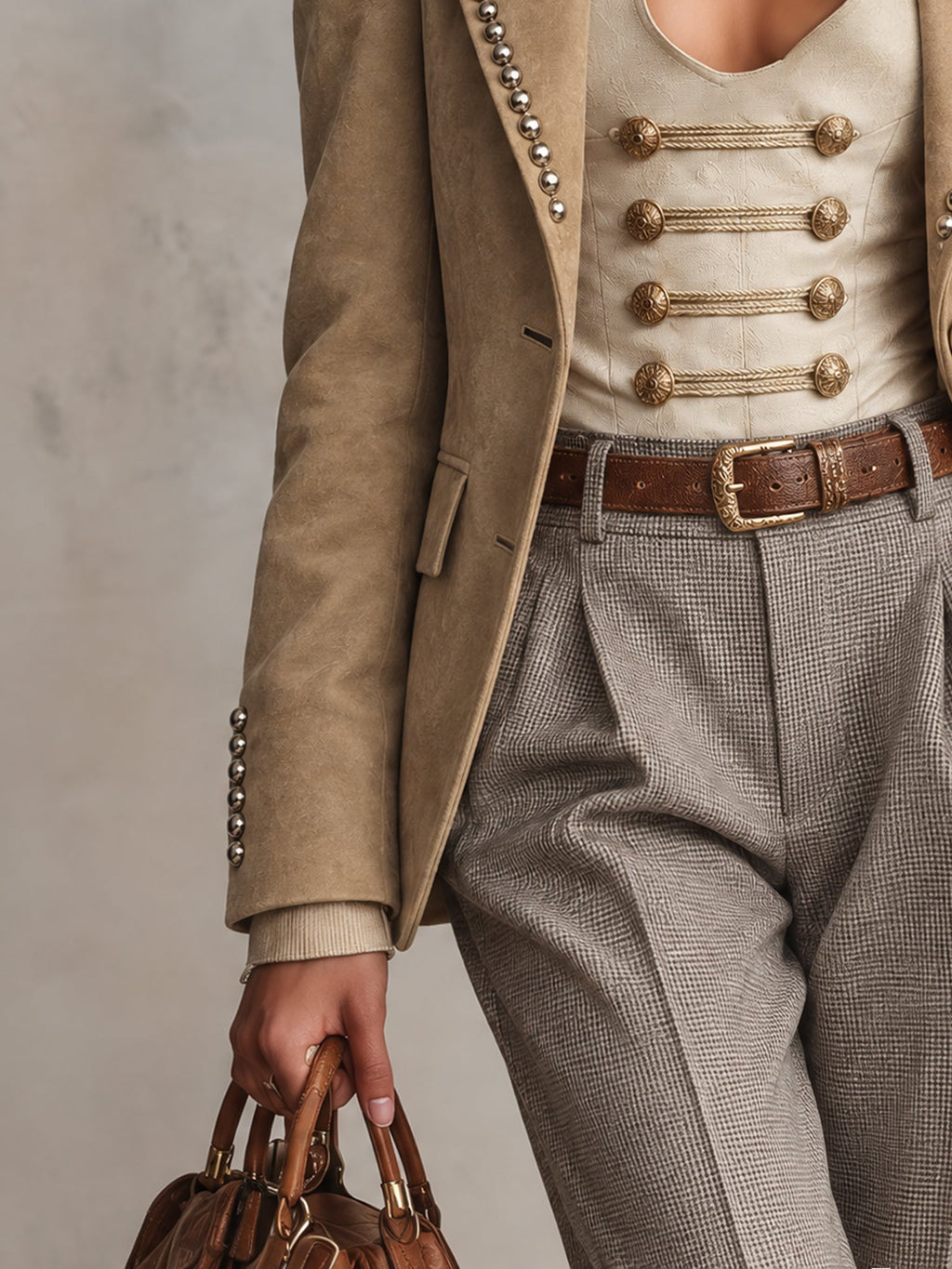 Khaki Faux Suede Studded Nipped Waist Blazer