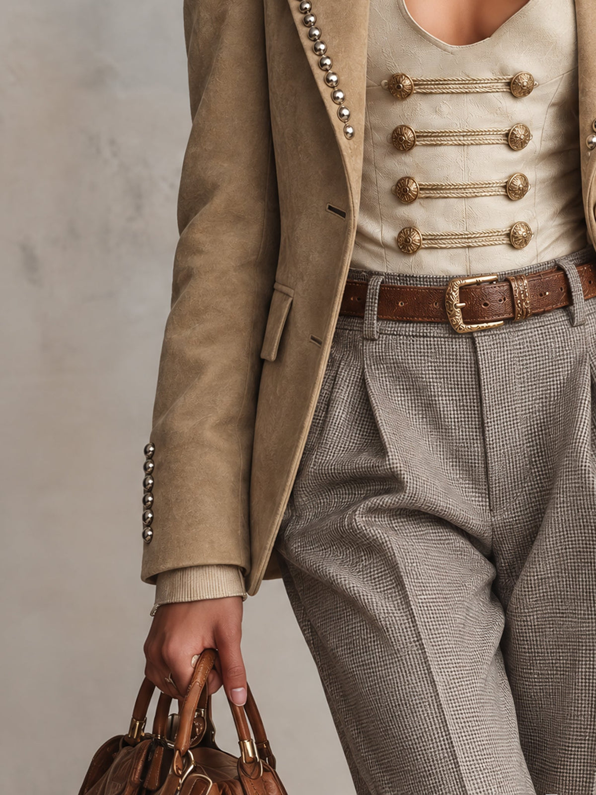 Khaki Faux Suede Studded Nipped Waist Blazer