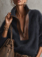 Blue Oversized Mohair PU Leather Trim Half Zip Jumper