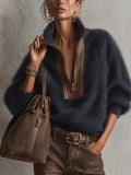 Blue Oversized Mohair PU Leather Trim Half Zip Jumper
