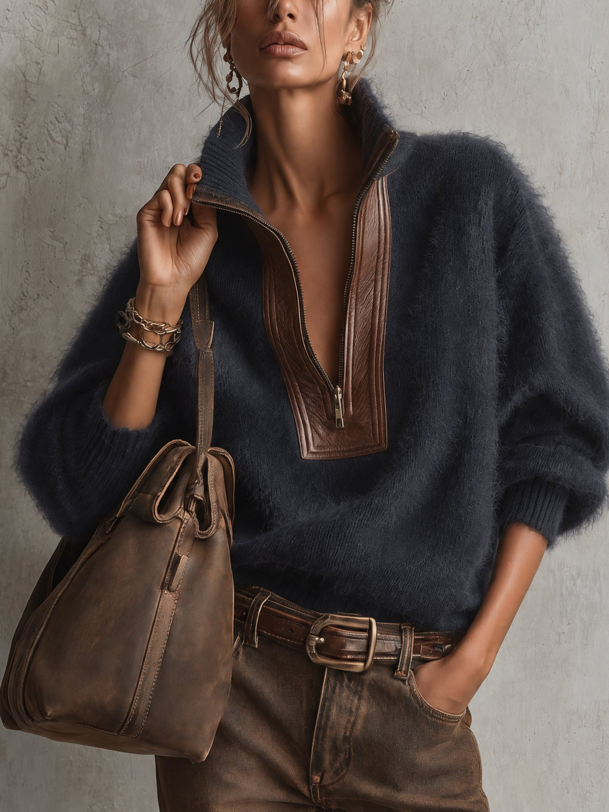 Blue Oversized Mohair PU Leather Trim Half Zip Jumper