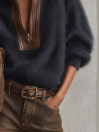 Blue Oversized Mohair PU Leather Trim Half Zip Jumper