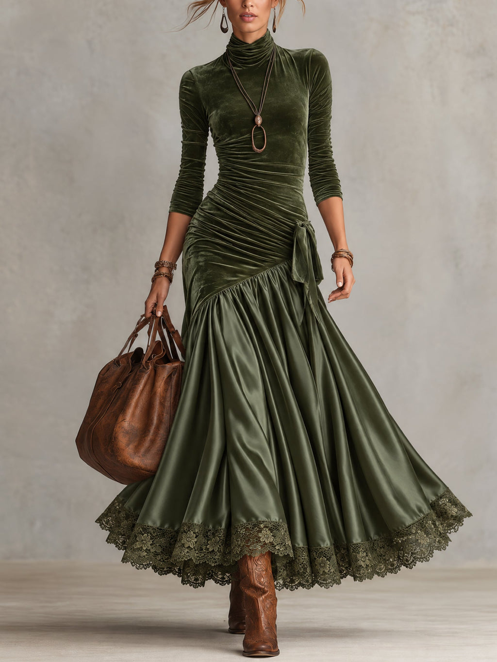 Olive Green Stretch Velvet Satin Panelled Lace Hem Maxi Dress