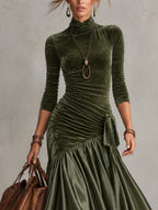 Olive Green Stretch Velvet Satin Panelled Lace Hem Maxi Dress