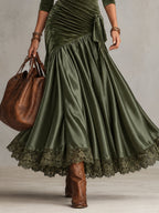 Olive Green Stretch Velvet Satin Panelled Lace Hem Maxi Dress