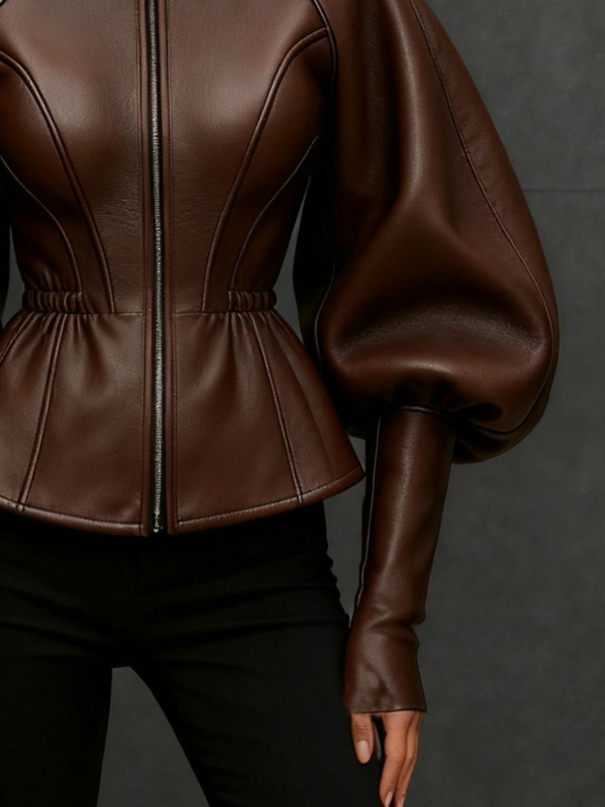 Brown Faux Leather Jacket with Balloon Sleeves