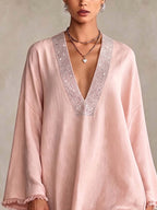 Blush Pink Linen Mini Dress with Rhinestone Trim and Fringe Hem