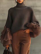 Grey Ruffle Sleeve Roll Neck Jumper