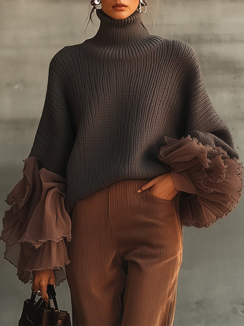 Grey Ruffle Sleeve Roll Neck Jumper
