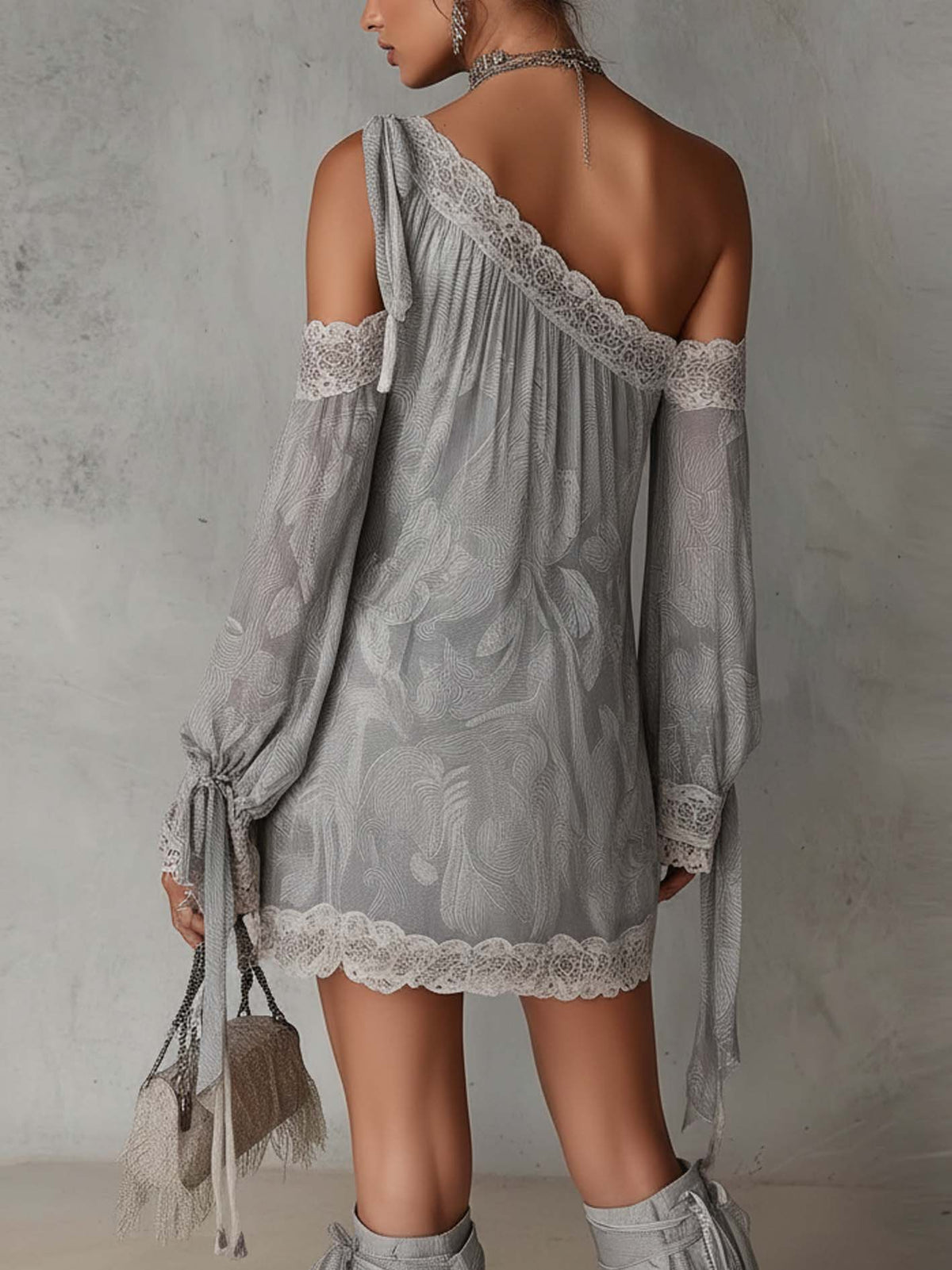 Light Grey Paisley Print Chiffon One Shoulder Lace Trim Mini Dress