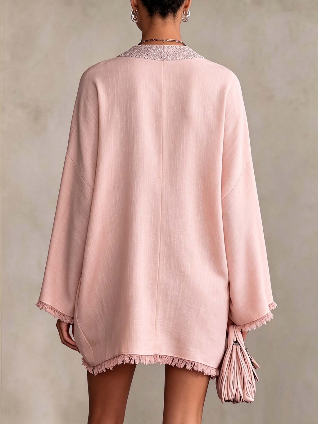 Blush Pink Linen Mini Dress with Rhinestone Trim and Fringe Hem
