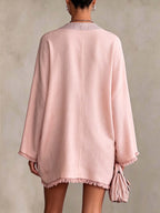 Blush Pink Linen Mini Dress with Rhinestone Trim and Fringe Hem