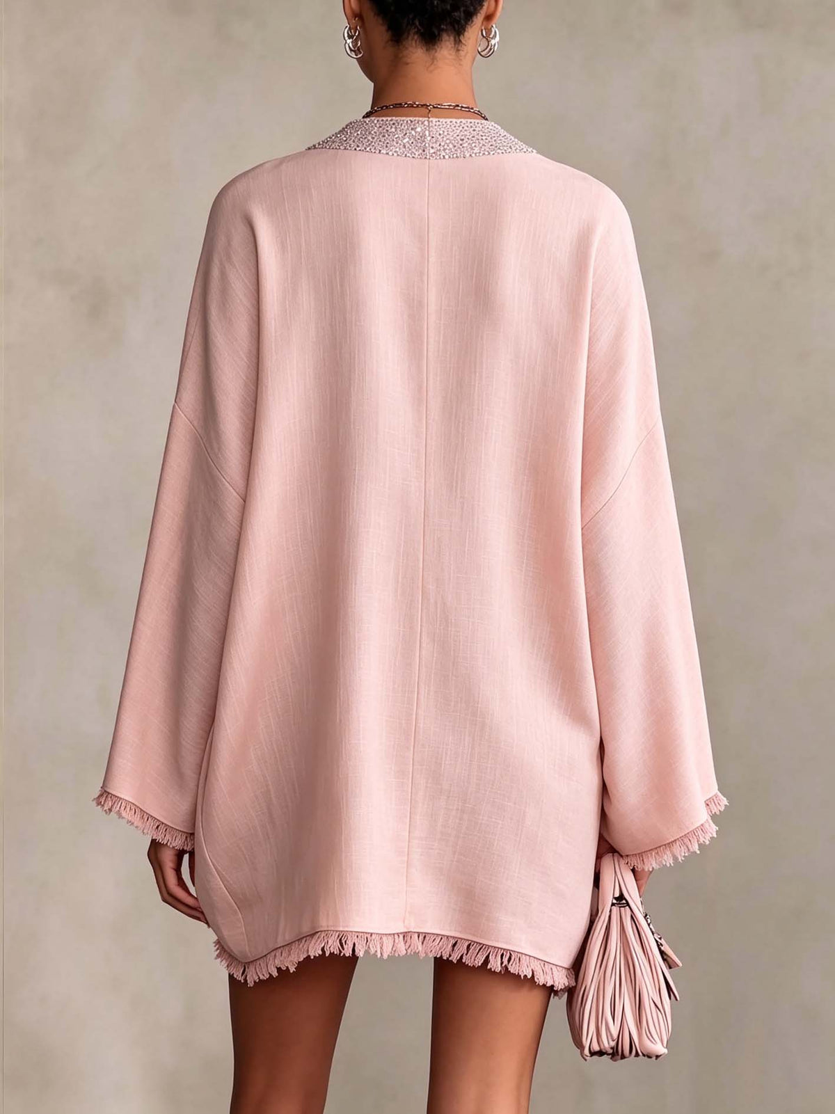 Blush Pink Linen Mini Dress with Rhinestone Trim and Fringe Hem