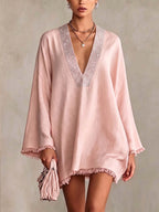 Blush Pink Linen Mini Dress with Rhinestone Trim and Fringe Hem
