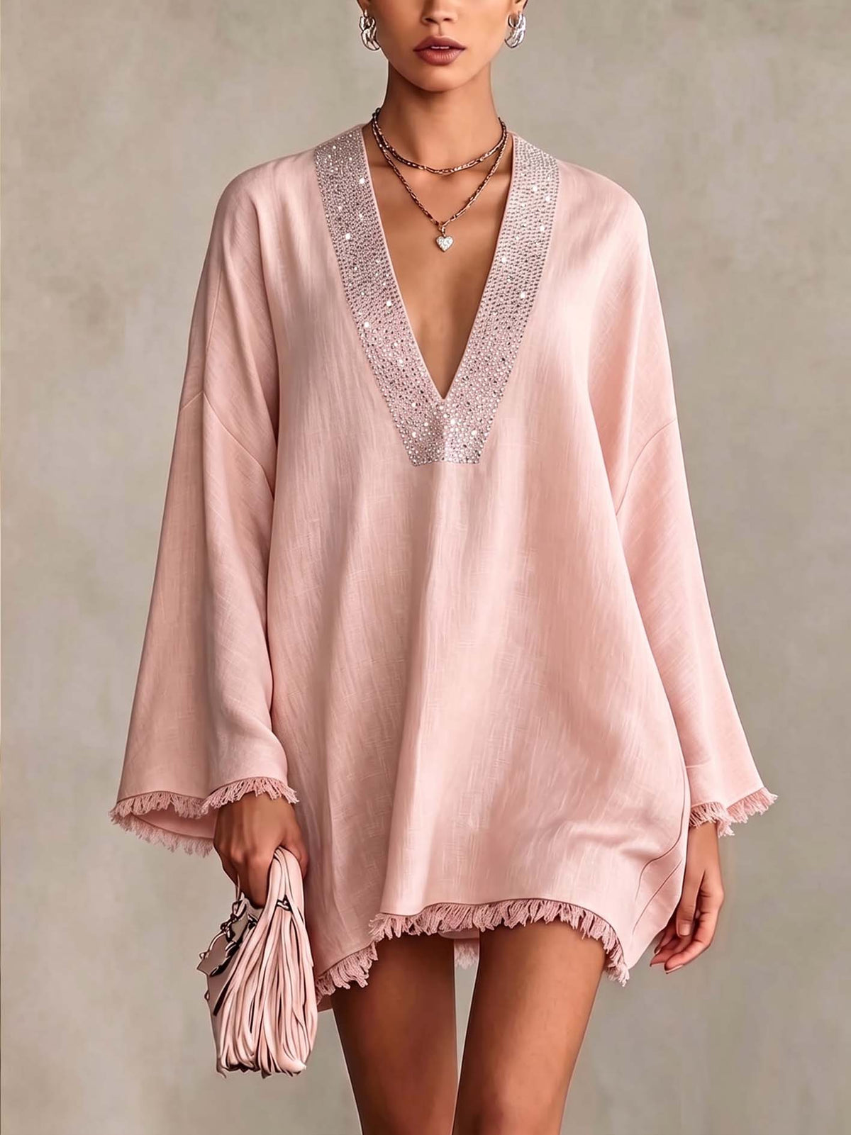 Blush Pink Linen Mini Dress with Rhinestone Trim and Fringe Hem