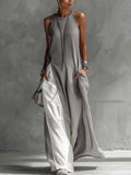 Colour-block Grey Sleeveless Cotton Linen Maxi Dress
