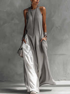 Colour-block Grey Sleeveless Cotton Linen Maxi Dress