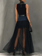 Black Denim Patchwork T-Shirt and Mesh Maxi Skirt Set with Side Slit