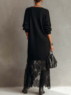 Black Loose Fit Mohair Knit Midi Dress with Lace Hem