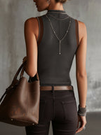 Grey Ribbed Knit Sleeveless Tank Top with Pearl Button Detailing