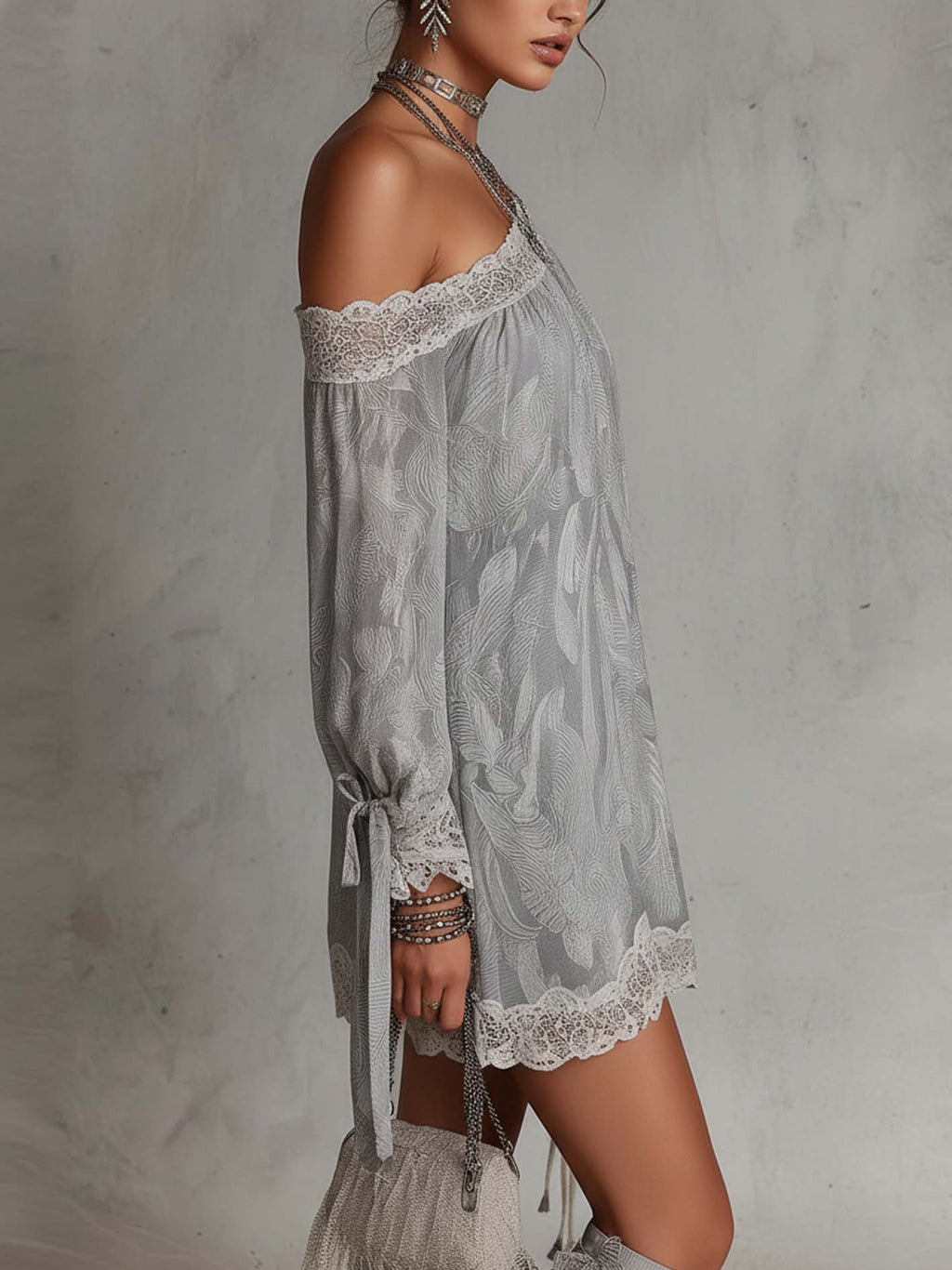 Light Grey Paisley Print Chiffon One Shoulder Lace Trim Mini Dress