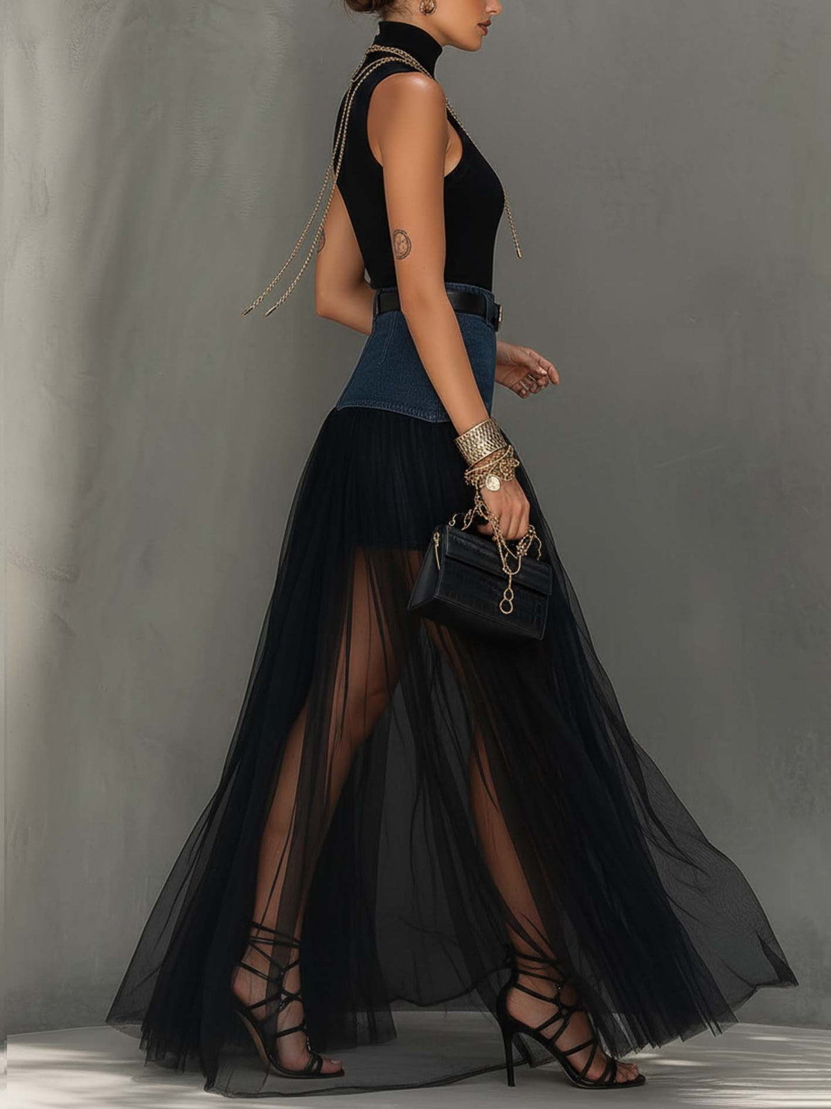 Black Denim Patchwork T-Shirt and Mesh Maxi Skirt Set with Side Slit