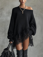Black Oversized Mini Dress with Lace Hem