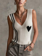 White Ribbed Knit Sleeveless Heart Pattern V-Neck Tank Top