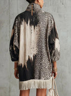 Grey Leopard Print Roll Neck Fringe Hem Faux Suede Dress