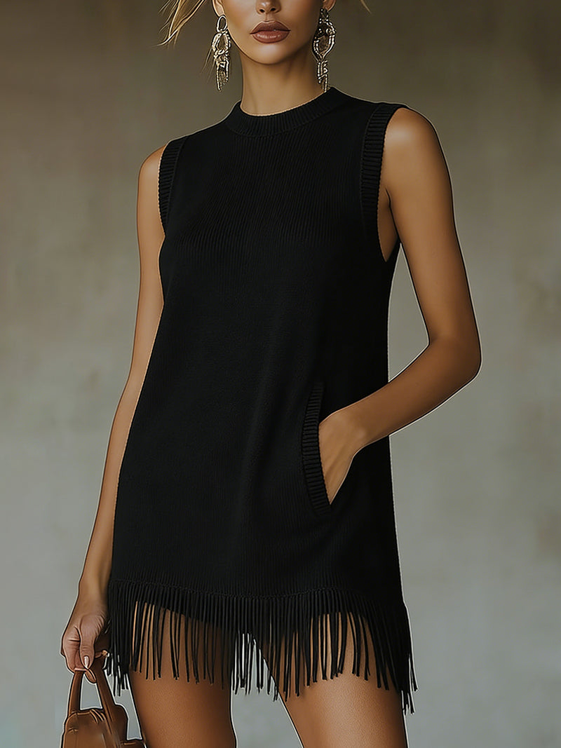 Olive Green Sleeveless Knit Mini Dress with Fringe Hem