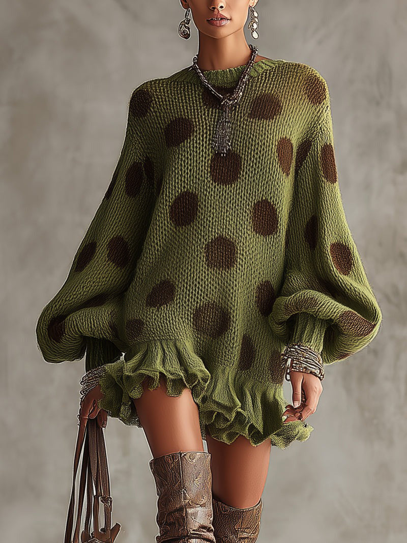 Green Polka Dot Oversized Knit Jumper Dress with Ruffled Hem