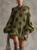 Green Polka Dot Oversized Knit Jumper Dress with Ruffled Hem