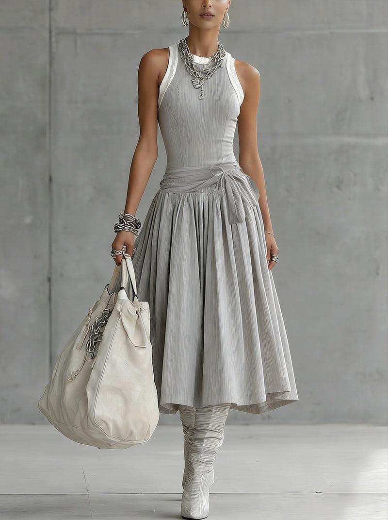 Grey Ribbed Tank Bodice Draped Midi Dress