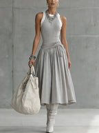Grey Ribbed Tank Bodice Draped Midi Dress