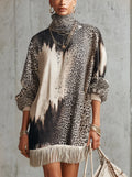 Grey Leopard Print Roll Neck Fringe Hem Faux Suede Dress