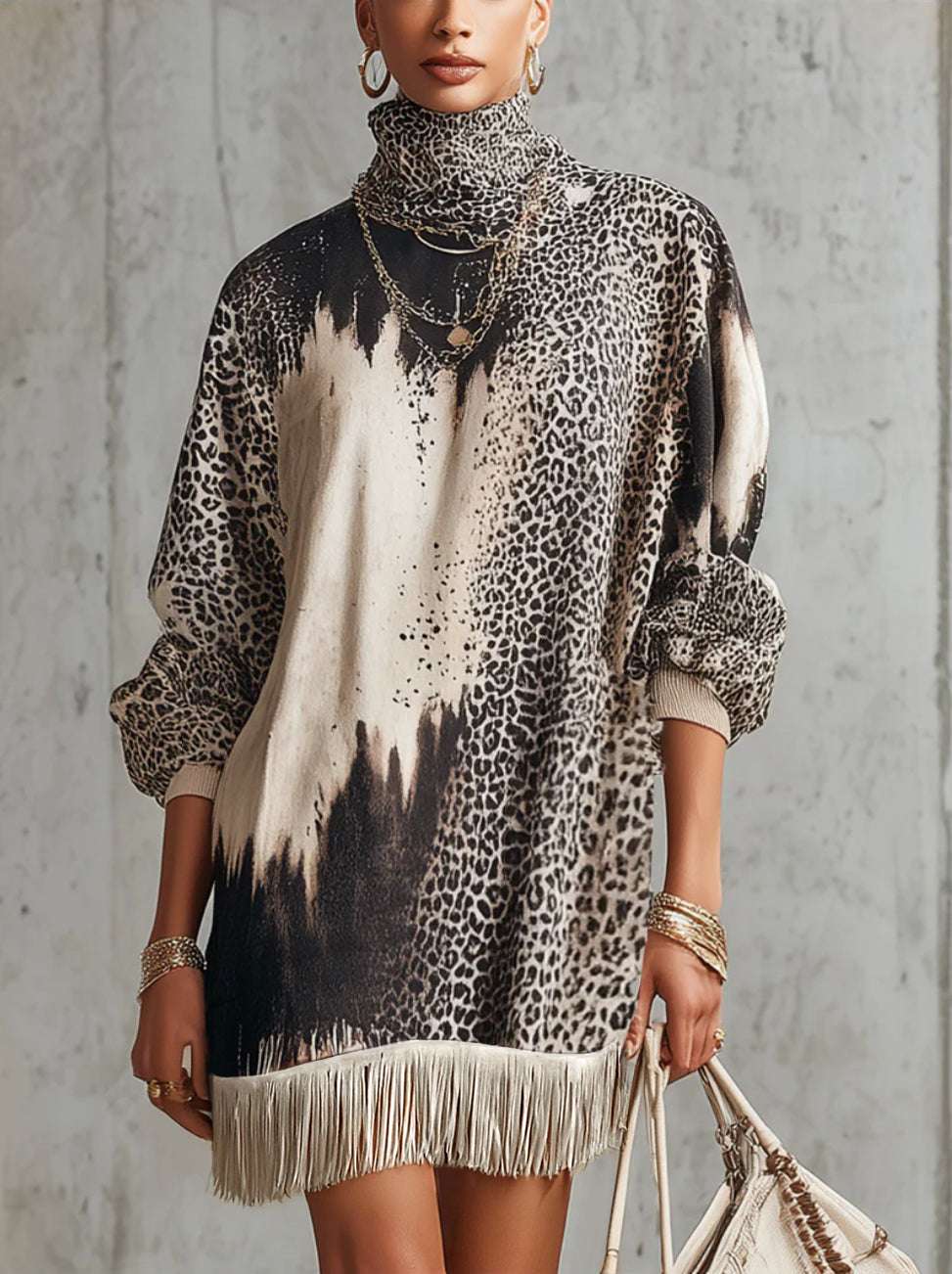 Grey Leopard Print Roll Neck Fringe Hem Faux Suede Dress